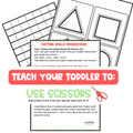 Educational worksheet for teaching toddlers how to use scissors with shapes and text instructions.