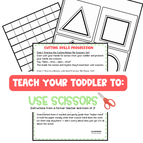 Educational worksheet for teaching toddlers how to use scissors with shapes and text instructions.