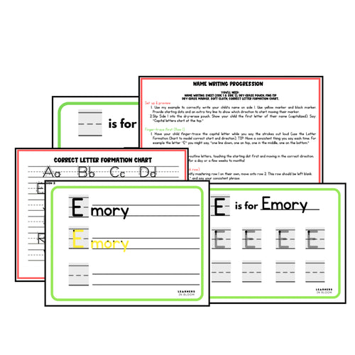 Educational materials for name writing and letter formation on a white background